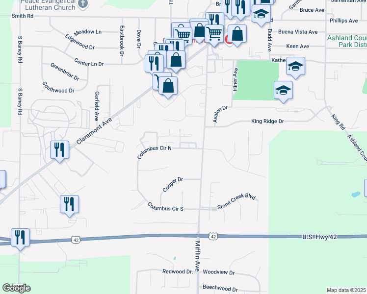 map of restaurants, bars, coffee shops, grocery stores, and more near 1044 Columbus Circle North in Ashland