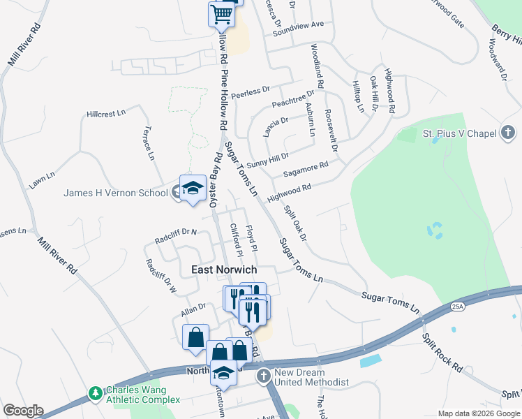 map of restaurants, bars, coffee shops, grocery stores, and more near 78 Sugar Toms Lane in East Norwich