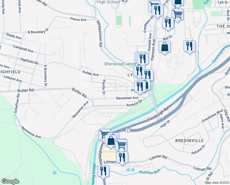 map of restaurants, bars, coffee shops, grocery stores, and more near 302 Penn Avenue in Lyndora
