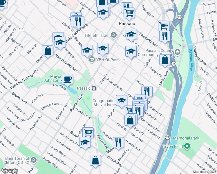 map of restaurants, bars, coffee shops, grocery stores, and more near 37 Reid Avenue in Passaic