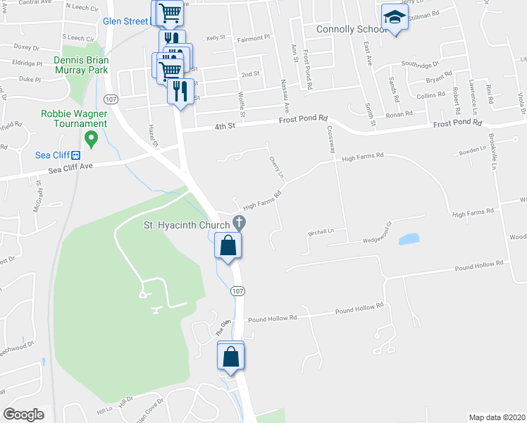 map of restaurants, bars, coffee shops, grocery stores, and more near 111 High Farms Road in Glen Head