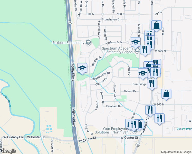 map of restaurants, bars, coffee shops, grocery stores, and more near 1048 Manchester Drive in North Salt Lake