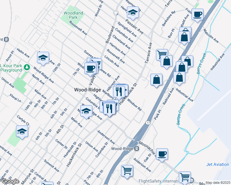 map of restaurants, bars, coffee shops, grocery stores, and more near 482 Windsor Road in Wood-Ridge