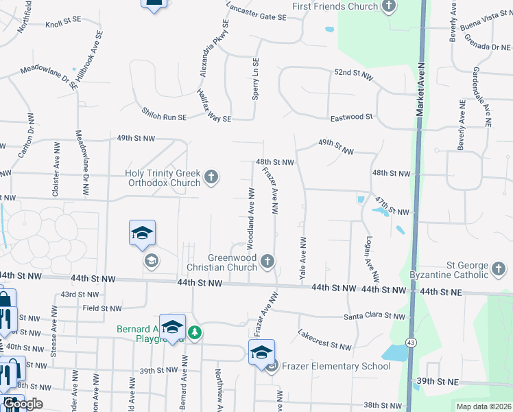 map of restaurants, bars, coffee shops, grocery stores, and more near 4642 Woodland Avenue Northwest in Canton