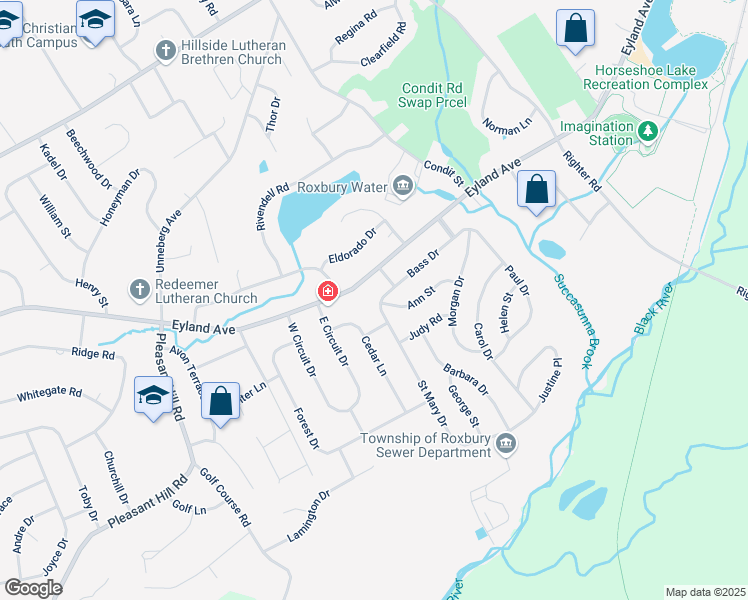 map of restaurants, bars, coffee shops, grocery stores, and more near 28 Bass Drive in Roxbury Township