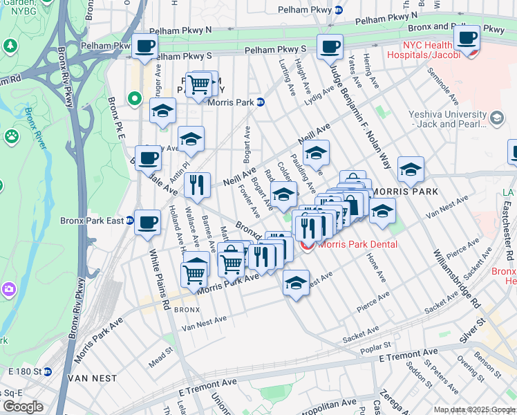 map of restaurants, bars, coffee shops, grocery stores, and more near 933 Rhinelander Avenue in Bronx