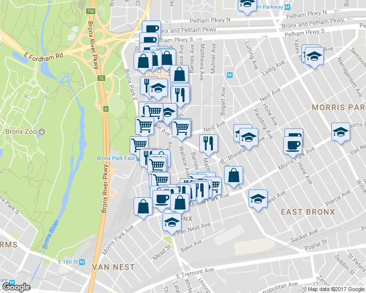 map of restaurants, bars, coffee shops, grocery stores, and more near 1981 Bronxdale Avenue in The Bronx