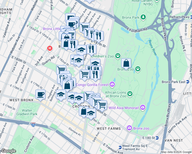 map of restaurants, bars, coffee shops, grocery stores, and more near 780 Garden Street in Bronx