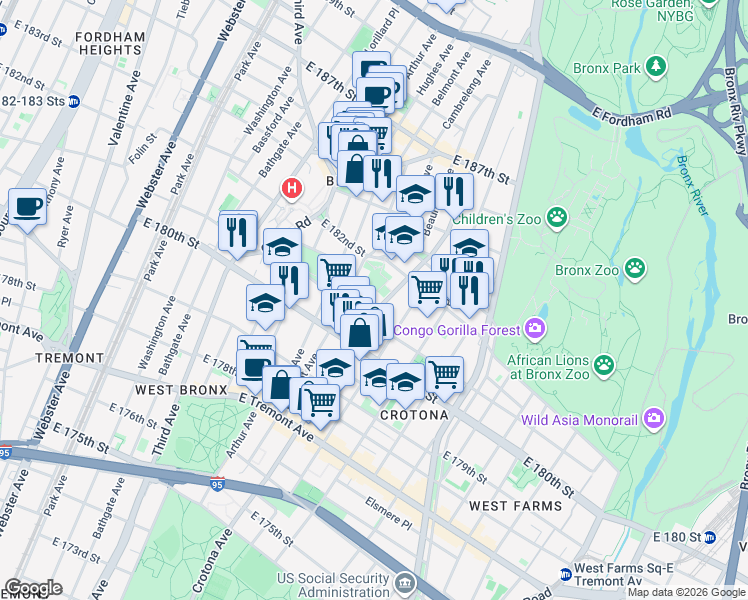 map of restaurants, bars, coffee shops, grocery stores, and more near 681 East 181st Street in Bronx