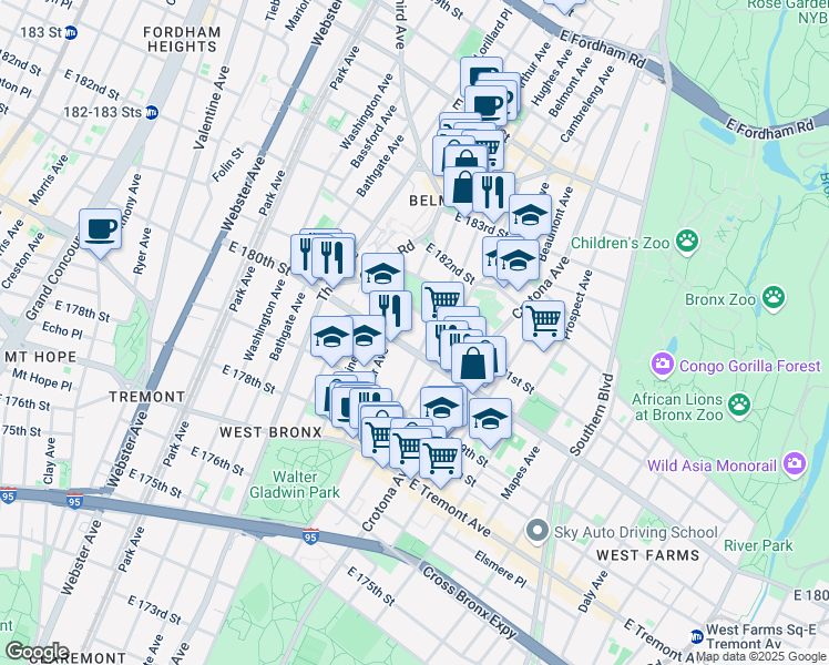 map of restaurants, bars, coffee shops, grocery stores, and more near 2115 Belmont Avenue in Bronx