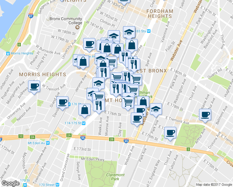 map of restaurants, bars, coffee shops, grocery stores, and more near in The Bronx