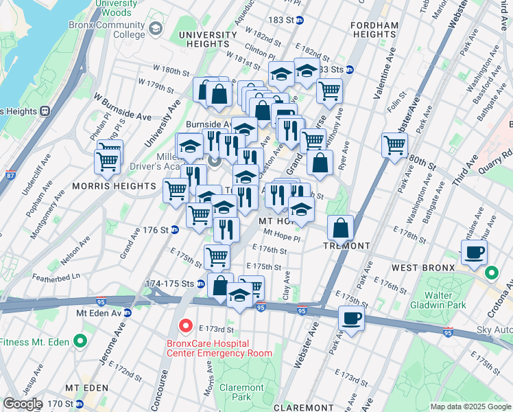 map of restaurants, bars, coffee shops, grocery stores, and more near 1901 Grand Concourse in The Bronx