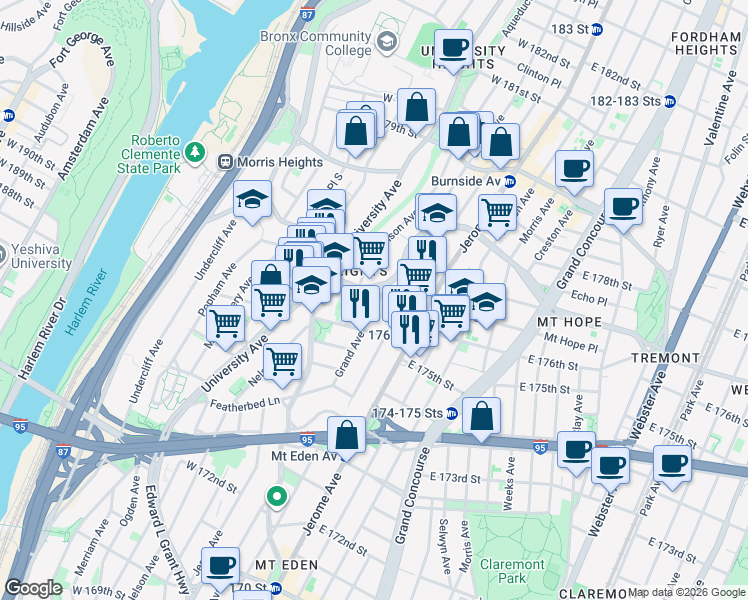 map of restaurants, bars, coffee shops, grocery stores, and more near in The Bronx