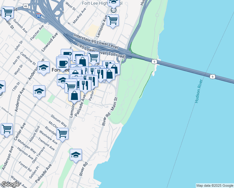 map of restaurants, bars, coffee shops, grocery stores, and more near 69 Main Street in Fort Lee