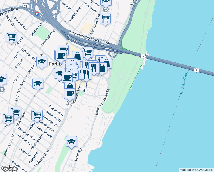 map of restaurants, bars, coffee shops, grocery stores, and more near 69 Main Street in Fort Lee