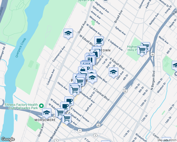 map of restaurants, bars, coffee shops, grocery stores, and more near 346 Broad Avenue in Palisades Park