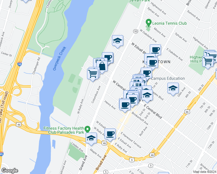 map of restaurants, bars, coffee shops, grocery stores, and more near 265 Hillside Avenue in Palisades Park
