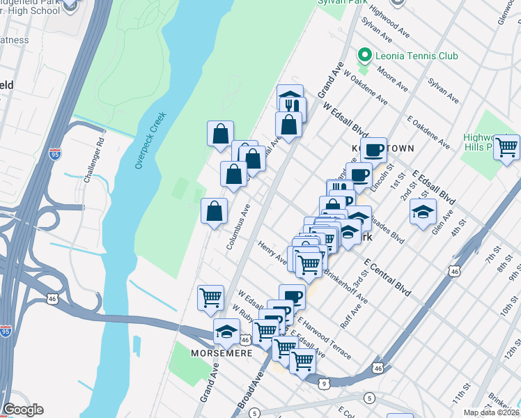 map of restaurants, bars, coffee shops, grocery stores, and more near 239 Grand Avenue in Palisades Park