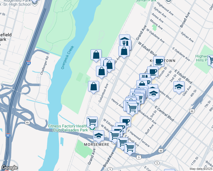 map of restaurants, bars, coffee shops, grocery stores, and more near 239 Grand Avenue in Palisades Park