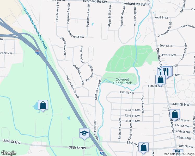map of restaurants, bars, coffee shops, grocery stores, and more near 4517 Guilford Ave NW in Canton