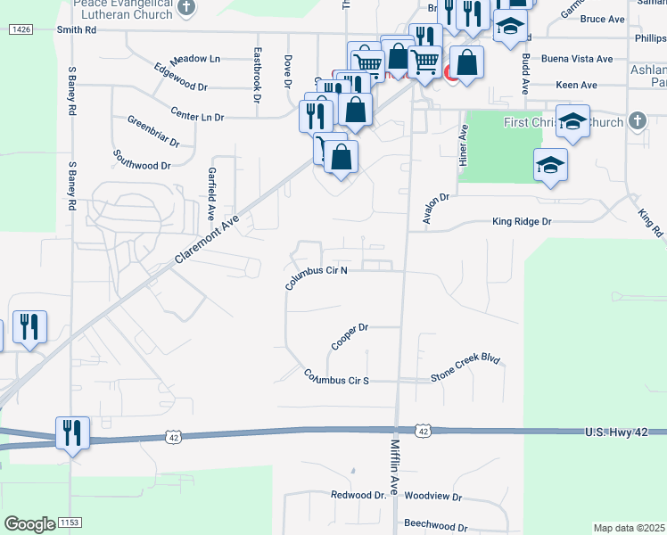 map of restaurants, bars, coffee shops, grocery stores, and more near 1136 Columbus Circle North in Ashland
