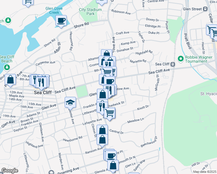 map of restaurants, bars, coffee shops, grocery stores, and more near 200 Glen Cove Avenue in Sea Cliff