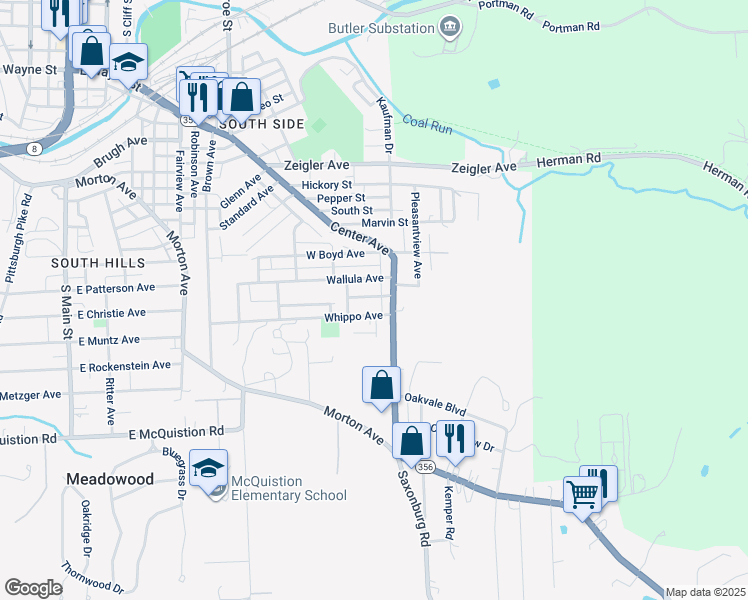 map of restaurants, bars, coffee shops, grocery stores, and more near 117 Wacomor Street in Butler