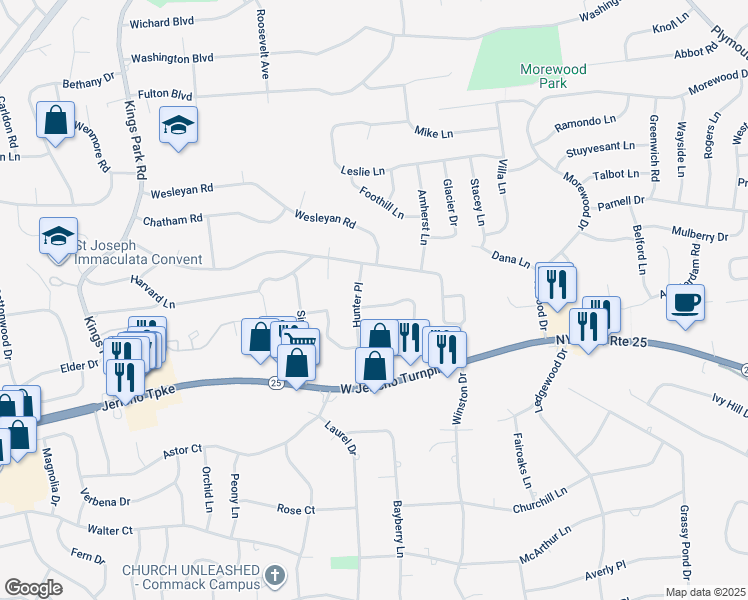 map of restaurants, bars, coffee shops, grocery stores, and more near 70 Sandy Hollow Drive in Smithtown