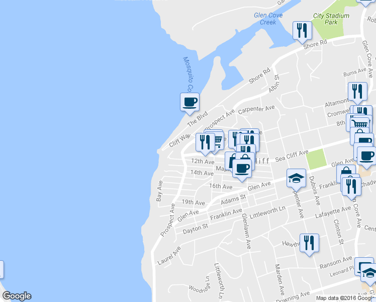 map of restaurants, bars, coffee shops, grocery stores, and more near 372 Sea Cliff Ave in Sea Cliff