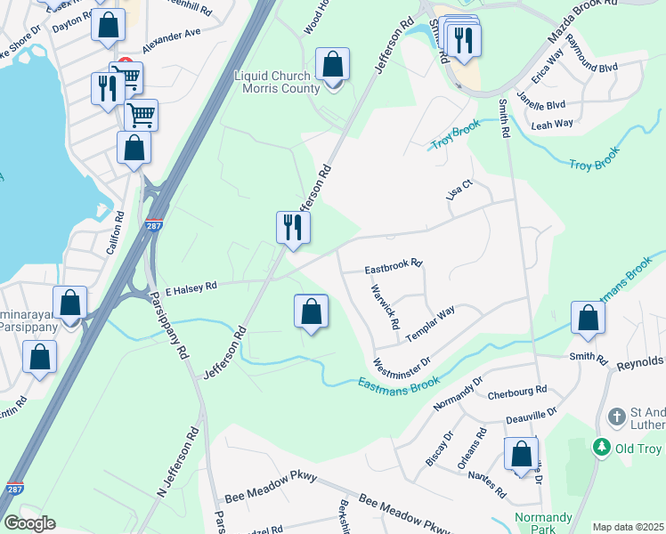 map of restaurants, bars, coffee shops, grocery stores, and more near 4 Westminster Drive in Parsippany-Troy Hills