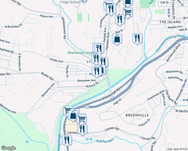 map of restaurants, bars, coffee shops, grocery stores, and more near 17 Chesapeake Street in Lyndora