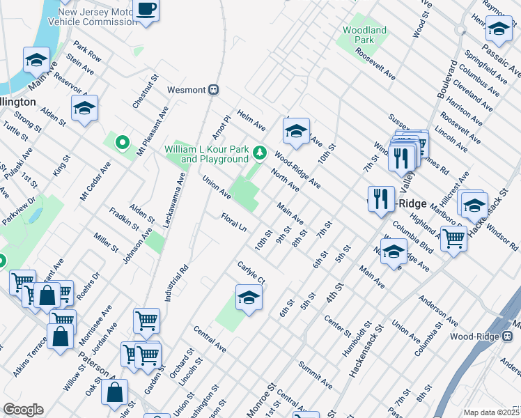 map of restaurants, bars, coffee shops, grocery stores, and more near 111 11th Street in Wood-Ridge