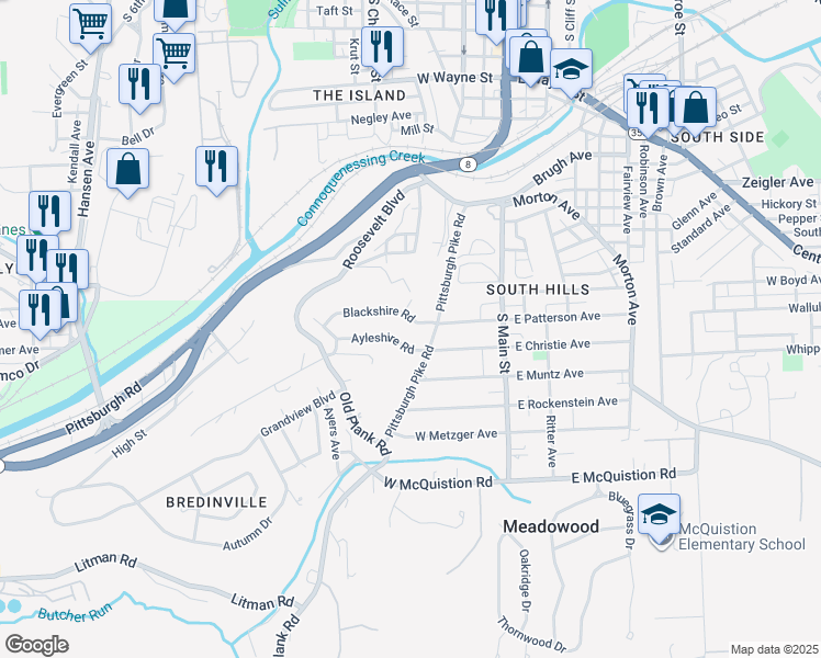 map of restaurants, bars, coffee shops, grocery stores, and more near 107 Blackshire Rd in Butler