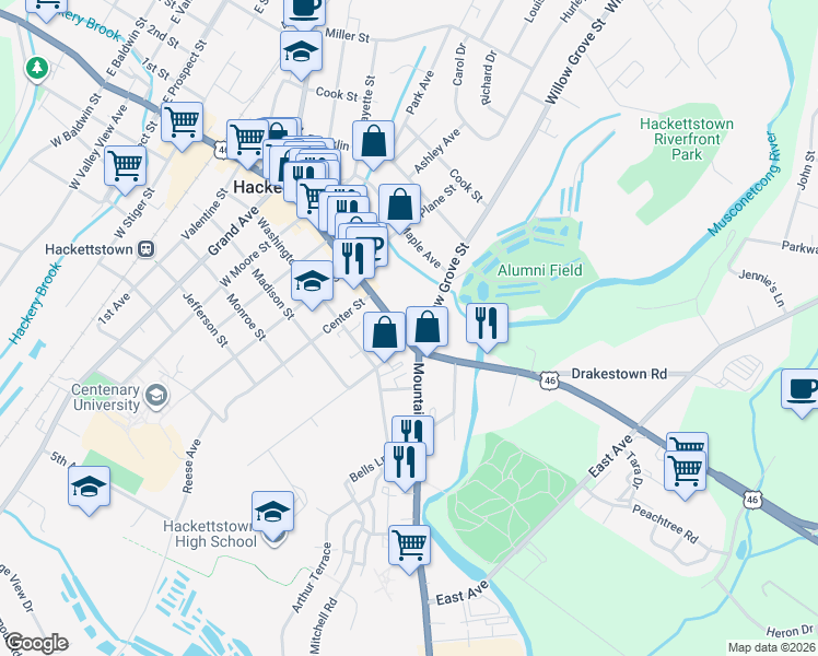 map of restaurants, bars, coffee shops, grocery stores, and more near 305 Main Street in Hackettstown