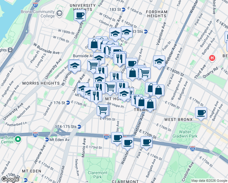 map of restaurants, bars, coffee shops, grocery stores, and more near 1916 Grand Concourse in Bronx