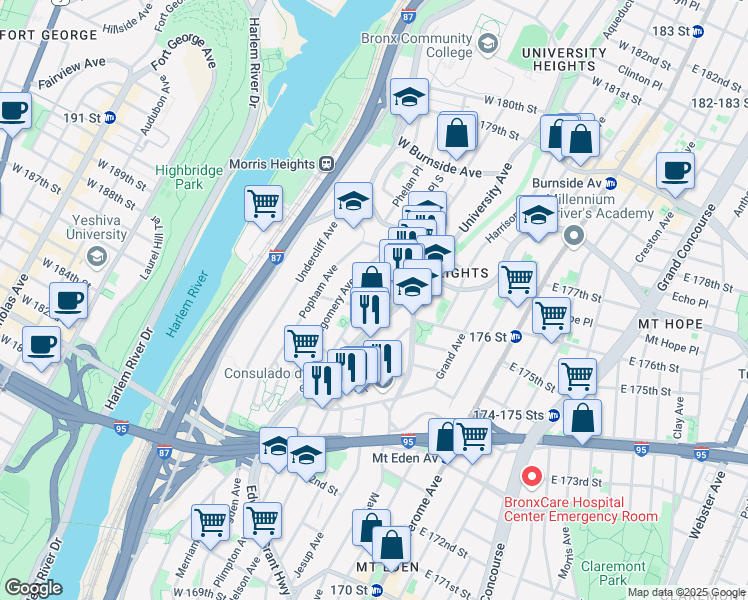 map of restaurants, bars, coffee shops, grocery stores, and more near 1710 Andrews Avenue South in The Bronx