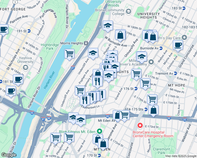 map of restaurants, bars, coffee shops, grocery stores, and more near 1710 Andrews Avenue South in The Bronx