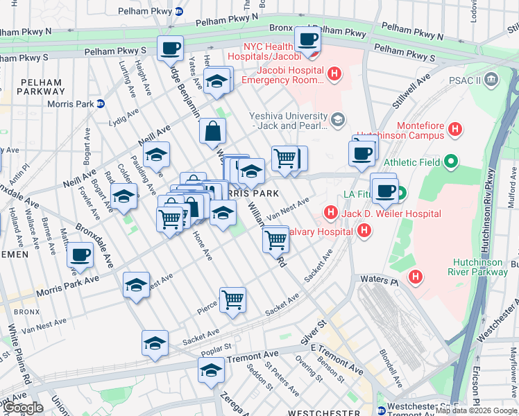 map of restaurants, bars, coffee shops, grocery stores, and more near in The Bronx