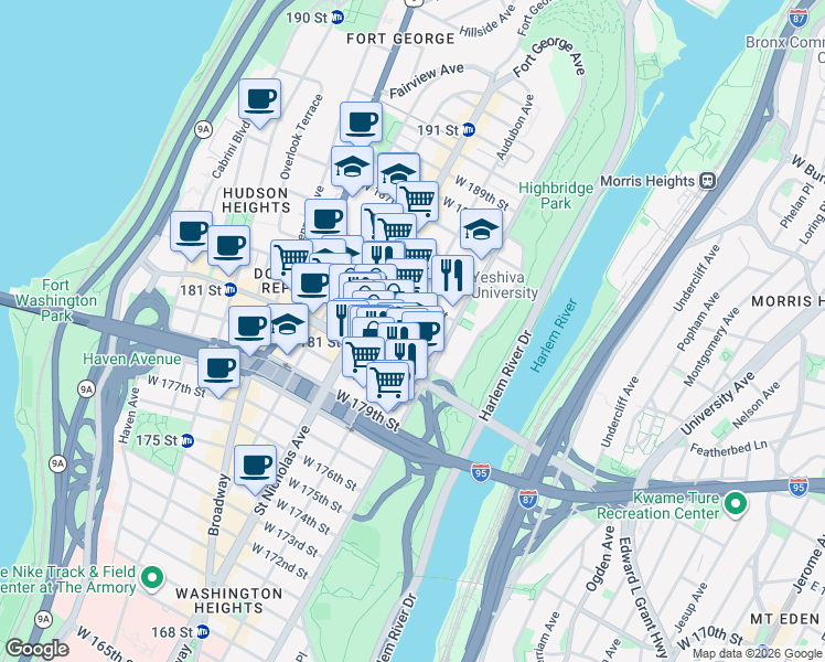 map of restaurants, bars, coffee shops, grocery stores, and more near 520 West 183rd Street in New York