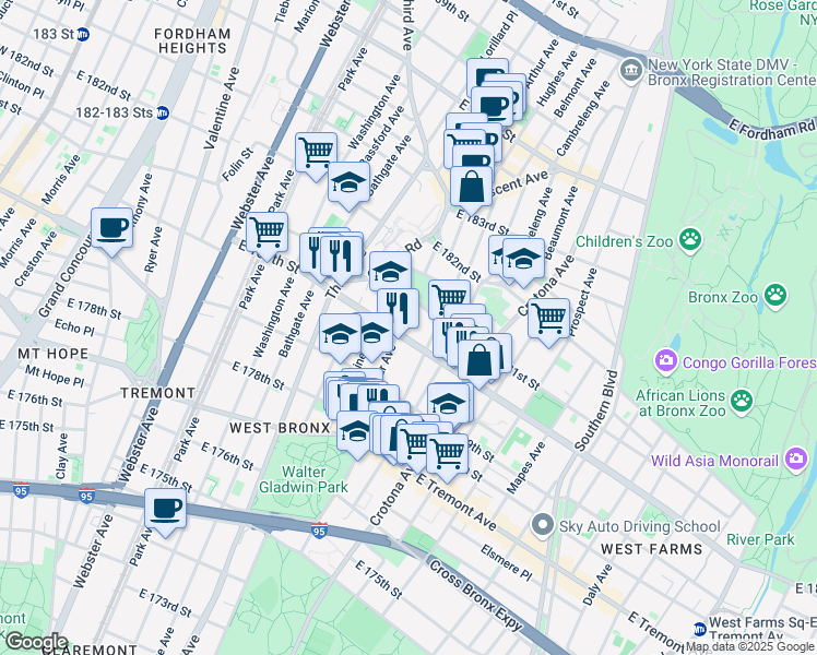 map of restaurants, bars, coffee shops, grocery stores, and more near in The Bronx