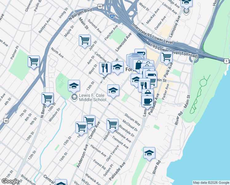 map of restaurants, bars, coffee shops, grocery stores, and more near 325 Tom Hunter Road in Fort Lee
