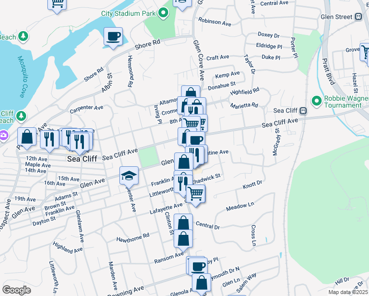 map of restaurants, bars, coffee shops, grocery stores, and more near 24 Glen Avenue in Sea Cliff