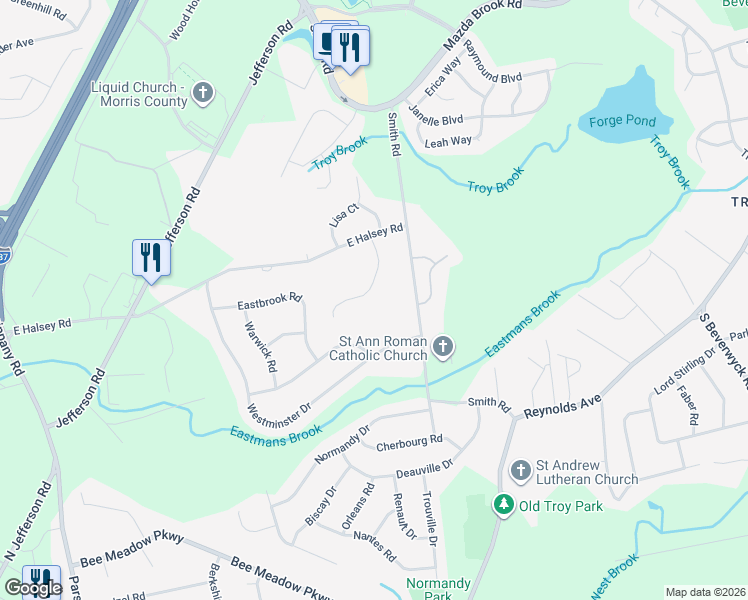 map of restaurants, bars, coffee shops, grocery stores, and more near 11 Stafford Terrace in Parsippany-Troy Hills
