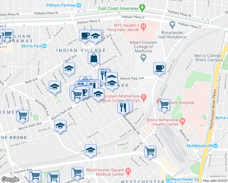 map of restaurants, bars, coffee shops, grocery stores, and more near in The Bronx