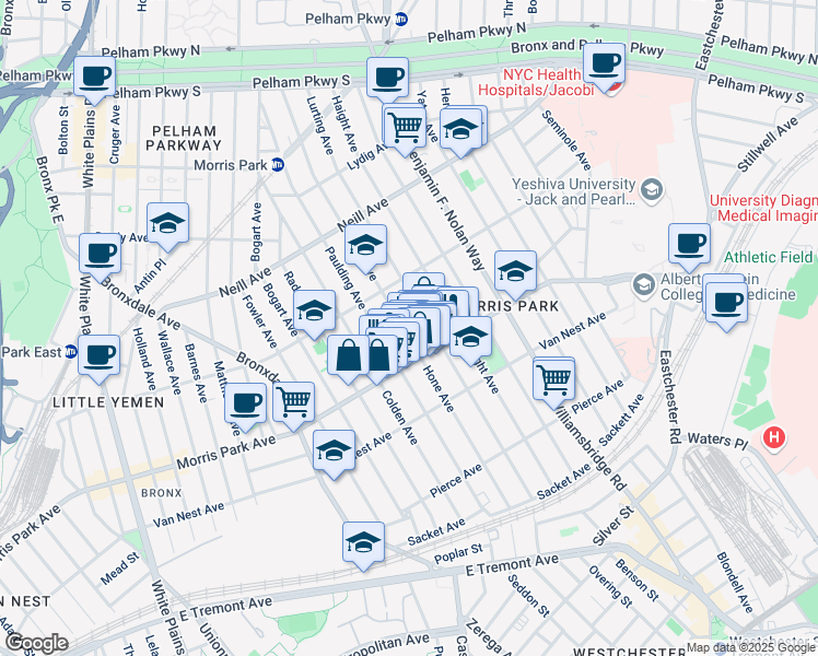 map of restaurants, bars, coffee shops, grocery stores, and more near 1825 Hone Avenue in Bronx