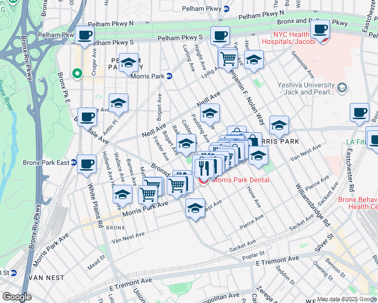 map of restaurants, bars, coffee shops, grocery stores, and more near 974 Rhinelander Avenue in Bronx