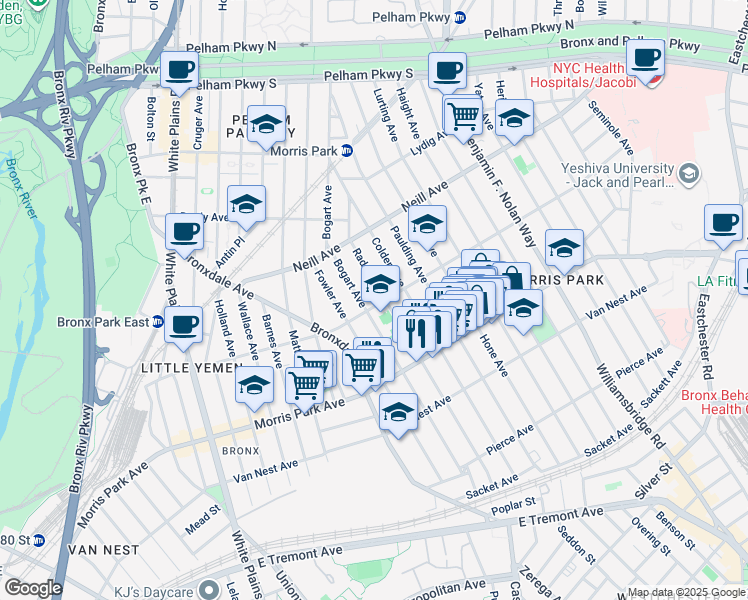map of restaurants, bars, coffee shops, grocery stores, and more near 974 Rhinelander Avenue in Bronx