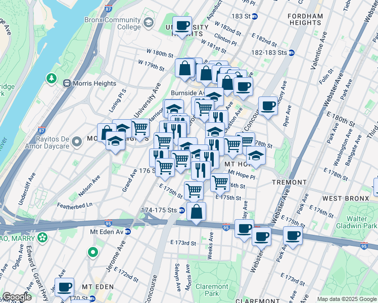 map of restaurants, bars, coffee shops, grocery stores, and more near 1895 Walton Avenue in Bronx