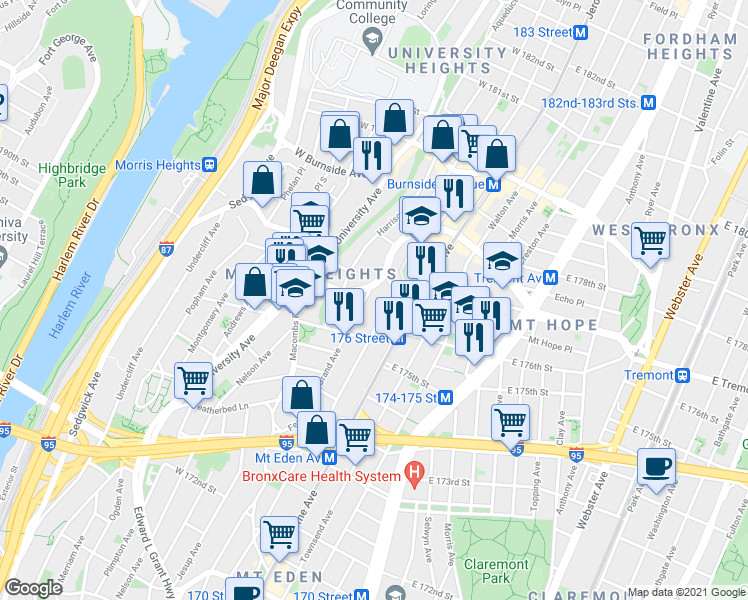 map of restaurants, bars, coffee shops, grocery stores, and more near 1801 Davidson Avenue in The Bronx