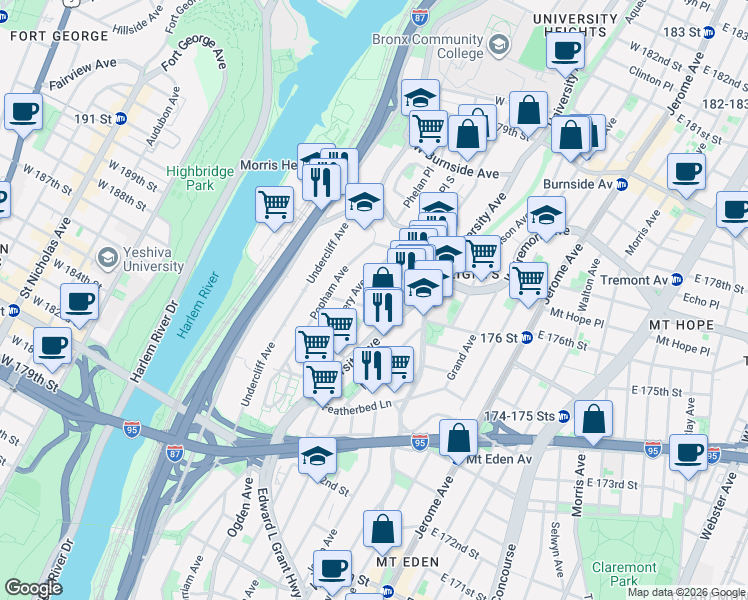 map of restaurants, bars, coffee shops, grocery stores, and more near 121 West 176th Street in The Bronx
